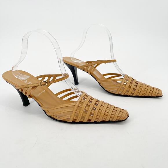 Vintage Prada Tan Woven Leather Mary Jane Strap Mule Heels size IT 41 - Picture 1 of 11